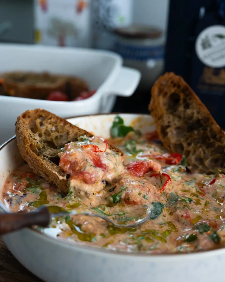 Jogurto ir mocarelos užtepėlė su žolelėmis, keptais pomidoriukais ir traškia čiabata