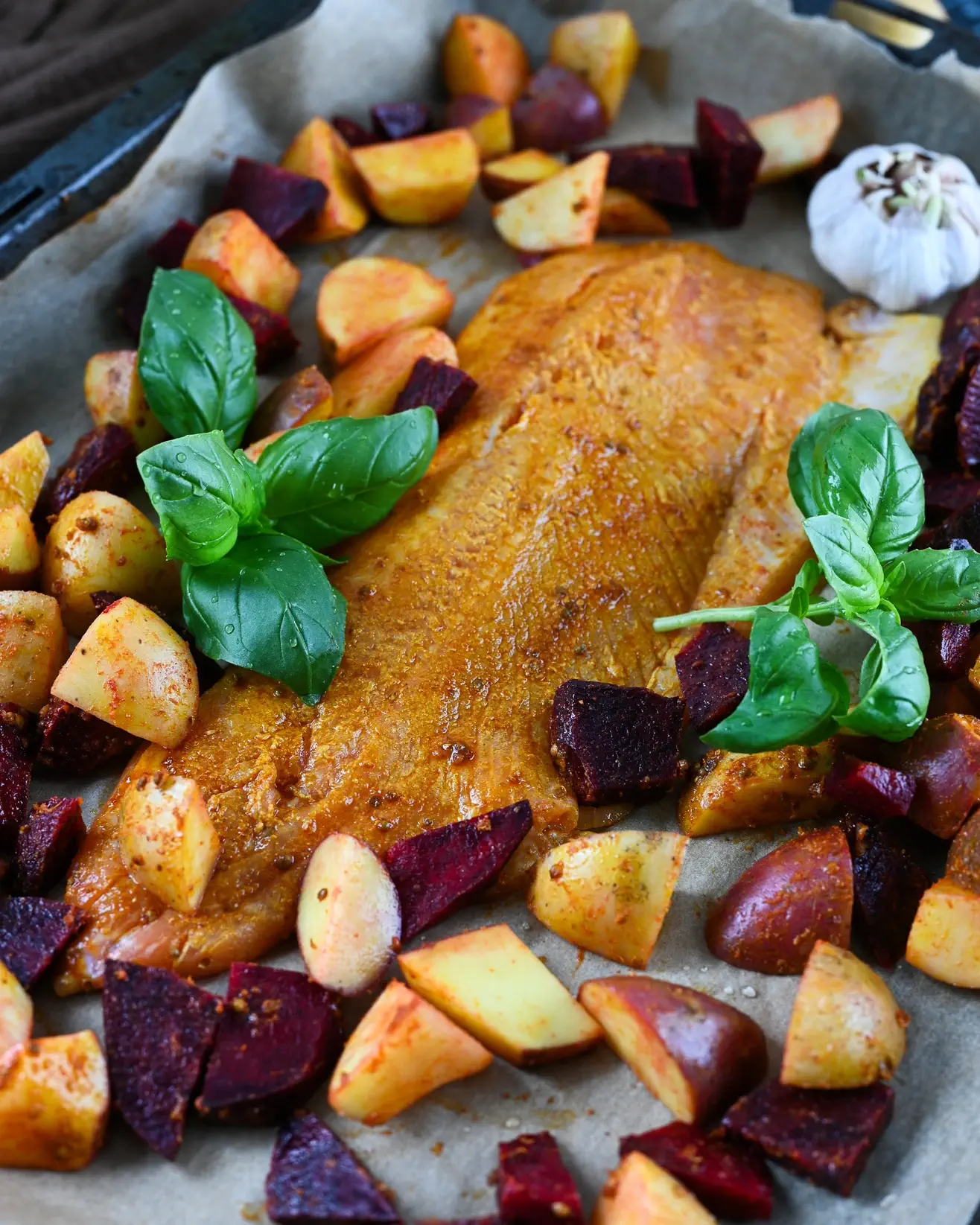 Keptas upėtakis su bulvėmis ir burokėliais – Velykų pietų idėja